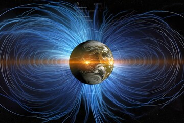 Illustration of the cosmos with Earth's magnetic field. Generative AI - obrazy, fototapety, plakaty