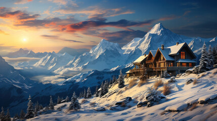 Winter snow landscape with wooden chalets in snowy mountains.