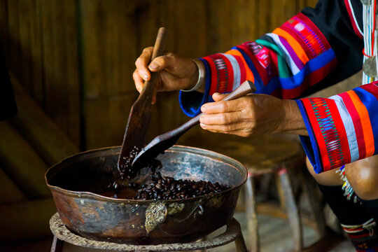 Traditional coffee roasting by hill tribes.