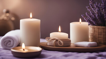 Fototapeta na wymiar Light a lavender spa scented candle with. 
