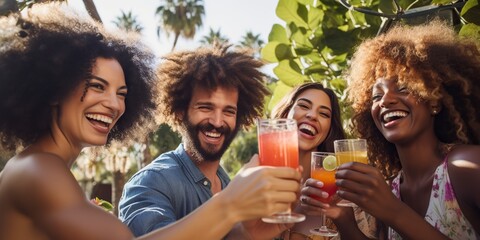 Diverse group of joyful friends raising cocktail glasses in an outdoor summer celebration, concept of Togetherness - obrazy, fototapety, plakaty