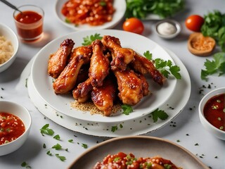 Deliciously looking hot and spicy chicken wings in a plate at restaurant