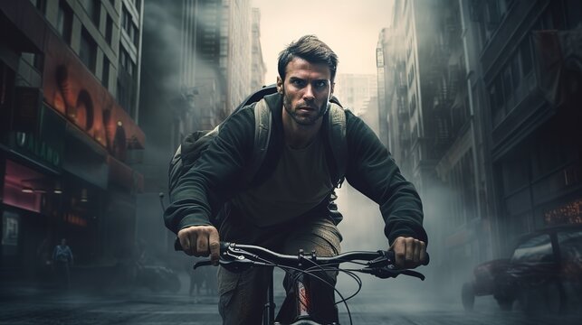 handsome male cyclist during fog and twilight in a leather jacket in the night city
