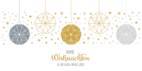 Fototapeten Weihnachtskarte mit Christbaumkugeln und Baumbehang gold und silber - deutscher Text auf weissem Hintergrund © Trueffelpix