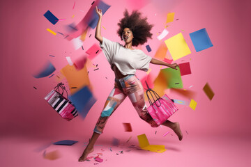 african american woman on pink background shopping full of black fridey bags. created with ai. - obrazy, fototapety, plakaty