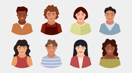 Collection of avatars of different people. Man and woman smiling, work team. Flat vector illustration
