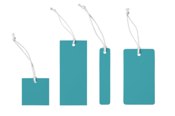 Various shape blank turquoise paper label, cloth tag set isolated on white, transparent background, PNG. Price tag mockup template with copy space for brand, information. Shopping, black friday sale