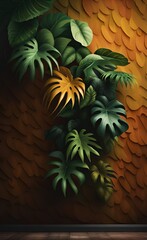 Colorful tropical leaves hanging from above against the textured wall. In the green and ochre tones. Fresco, Wallpapers for interior printing, Generative AI 