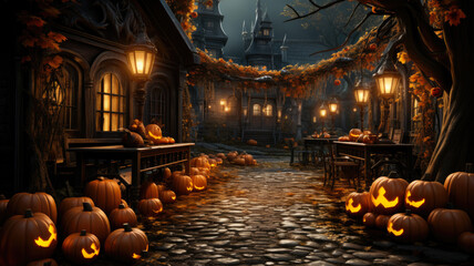 Halloween-Themed Outdoor Garden Party - Festive Drinks Setup with Jack-o'-Lantern Decorations, AI-Generated