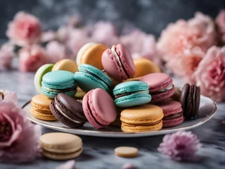 Zelfklevend Fotobehang Delicious Macarons in the plate at marble kitchen with decoration © abu
