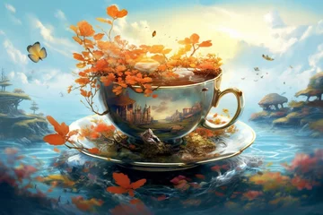 Poster Bright morning tea in a gleaming cup. Generative AI © Riven
