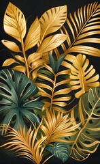 Abstract art background with tropical leaves in gold line art style. Botanical banner with exotic plants for wallpaper, decor. print, packaging, textiles, Generative AI 