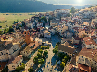 Aerial view of a small town on a mountainside in central Italy, a tourist destination in Europe