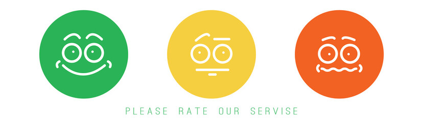 Please rate our service text. Three round icons. Sad, neutral and happy faces. Minimal simple style. Modern Vector illustration. Design templates. Feedback, rating, customer review concept