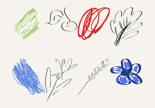 Set of Artistic Hand Drawn Fruits Flowers and Scribbles