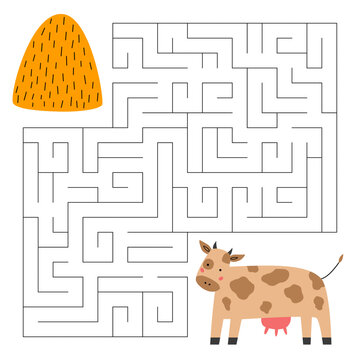 Maze for children of agricultural animal, a cute cow and a haystack.