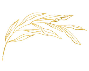 Botanical line art silhouette golden leaves, Golden Linear floral Leaves. PNG Gold luxury line collection. Hand drawn illustration in linear style, graphic clipart for wedding invitation
