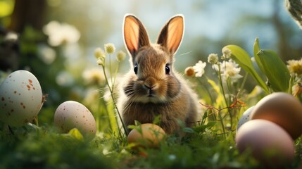 A bunny is lying in a lush meadow surrounded by green grass, with white eggs scattered around