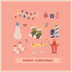 cute multicolored christmas set on pink background