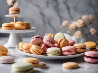 Gartenposter Delicious Macarons in the plate at marble kitchen with decoration © abu