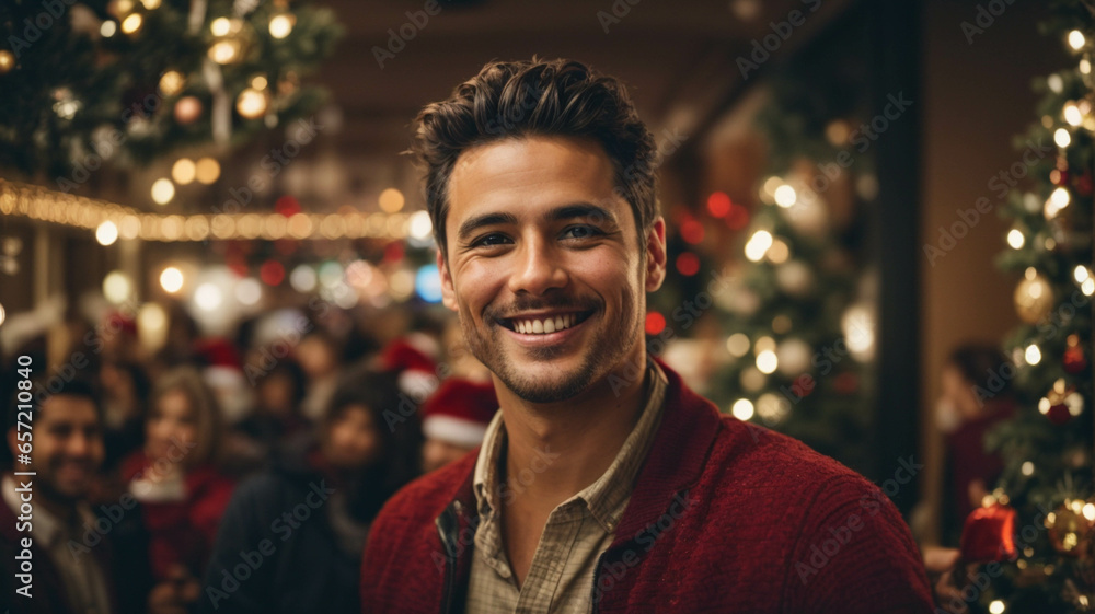 Wall mural handsome smiling caucasian middle aged man looking at camera, celebrating christmas, space for text