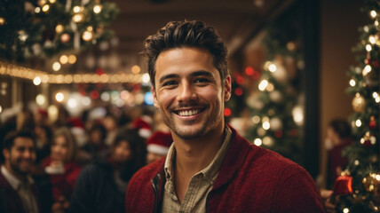 Handsome smiling Caucasian middle aged man looking at camera, celebrating Christmas, space for text