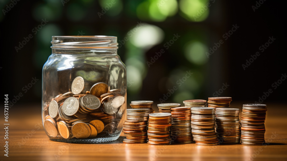 Aufkleber a transparent glass with coins in it and a few coins lying next to it on the table