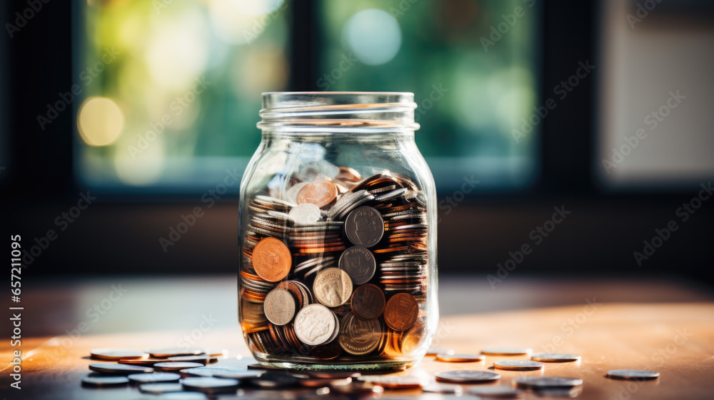 Aufkleber A transparent glass with coins in it and a few coins lying next to it on the table
