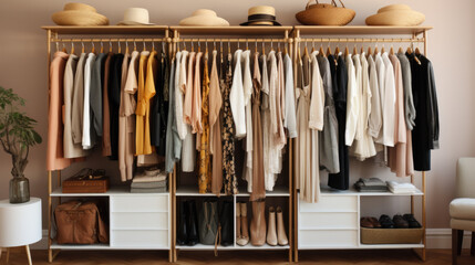an open closet with clothes hanging up