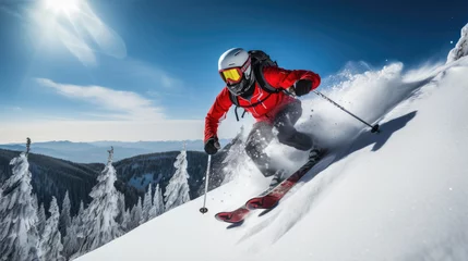 Fotobehang Skier descends a mountain in winter © MP Studio