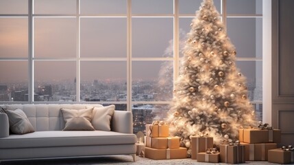 Christmas living room interior with Christmas tree and presents. White and gold, Christmas holidays