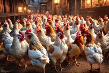 Multi-colored Hens waiting for the morning food. Chickens feeding time. Concept image for organic chicken industry, countryside, farms, food, hen eco farming, lifestock, rooster - obrazy, fototapety, plakaty