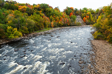 Obraz premium High angle view of the Jacques-Cartier River seen flowing between wooded banks during a cloudy Fall morning, Donnacona, Quebec, Canada