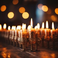Glowing candles in a blurred menorah