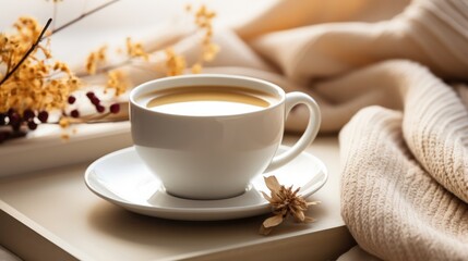 Obraz na płótnie Canvas A cozy autumn mood with a white coffee cup and a good book