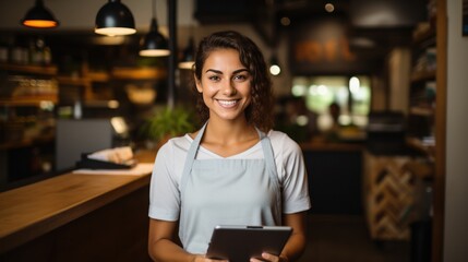 Smiling female entrepreneur holding tablet in her coffee - obrazy, fototapety, plakaty