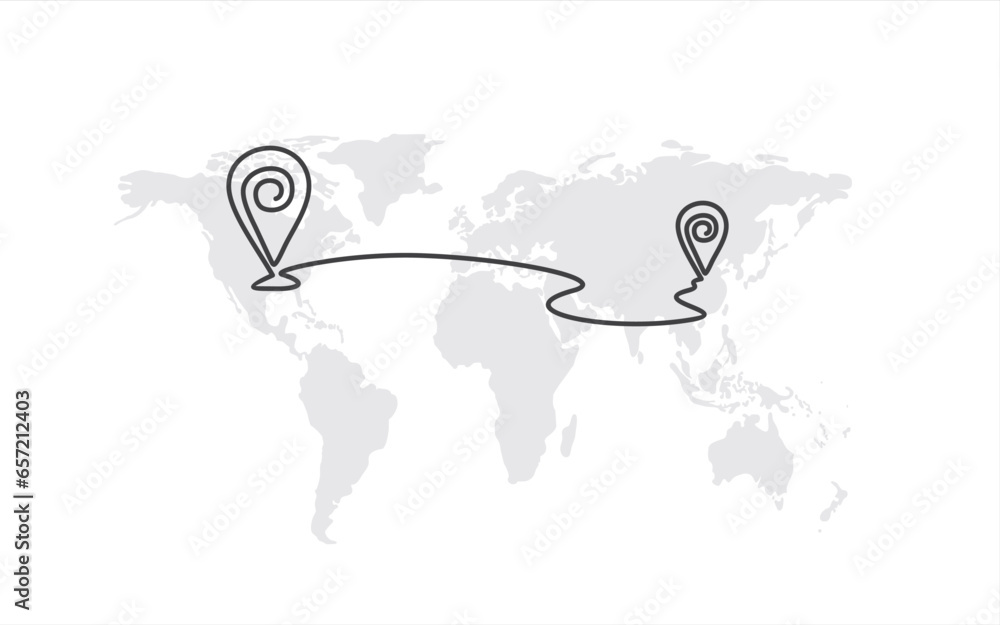Poster continuous line drawing of paths and location markers. pin between a single point in a single line s