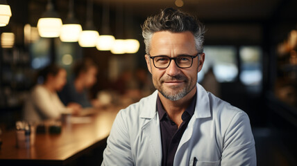 Fototapeta premium close up photo of handsome mature man sitting at the table in cafe