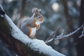 Naklejka na ściany i meble adorable squirrel perched on a wintry tree. Generative AI