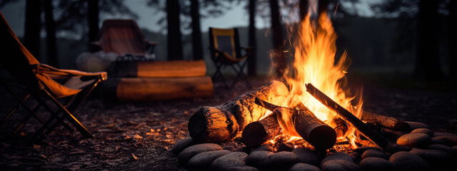 Burning fire next to the tent at night in the countryside - obrazy, fototapety, plakaty