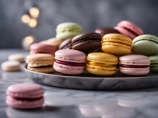  Delicious Macarons in the plate at marble kitchen with decoration © abu