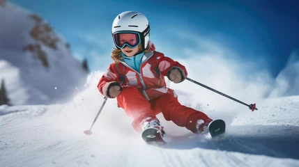 Fotobehang Kid Skier descends a mountain in winter © MP Studio