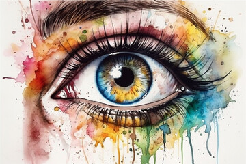Female eye with abstract colorful watercolor background. Hand drawn illustration. - obrazy, fototapety, plakaty