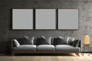Part of interior mockup, sofa near wall, empty picture frames, light and shadow from window