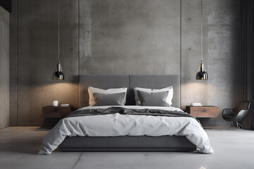 Luxury bedroom interior with grey walls, concrete floor, gray master bed with two bedside tables and lamps. 3d rendering