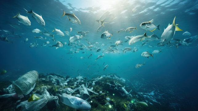 photo under the sea with a pile of plastic garbage and fishes swimming