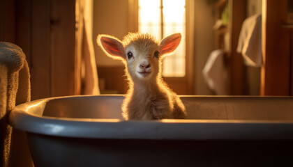 baby goat having a bath
