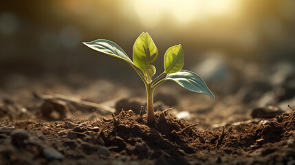 A plant is sprouting from the soil, illuminated by sunrays during sunrise. - obrazy, fototapety, plakaty