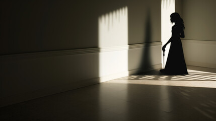 The silhouette of a woman in a long dress stands in an empty room.