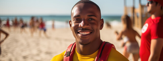 Portrait of a lifeguard at his post on a sunny beach background - obrazy, fototapety, plakaty
